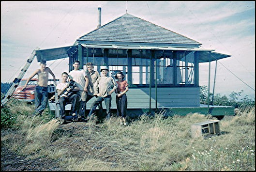 In 1952, the lookout was freshly painted by Fire Warden Richard Spray and his crew. The lady on the right was the lookout.